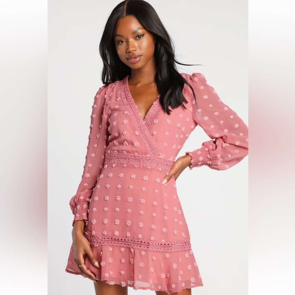Lulus Might Be Magic Mauve Clip Dot Long Sleeve Mini Dress